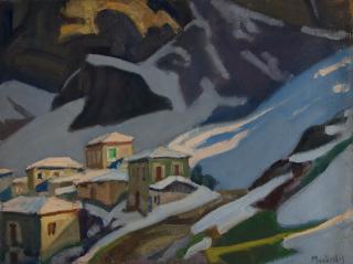 Kastraki with Snow, Geometric Forms, Afternoon Light — Oil painting, Canvas, 46.00×61.00cm — Theodoros Markellos